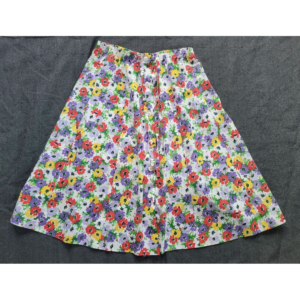Vintage 70s Flower Power Skirt Purple Yellow Red White Retro Knee Midi S